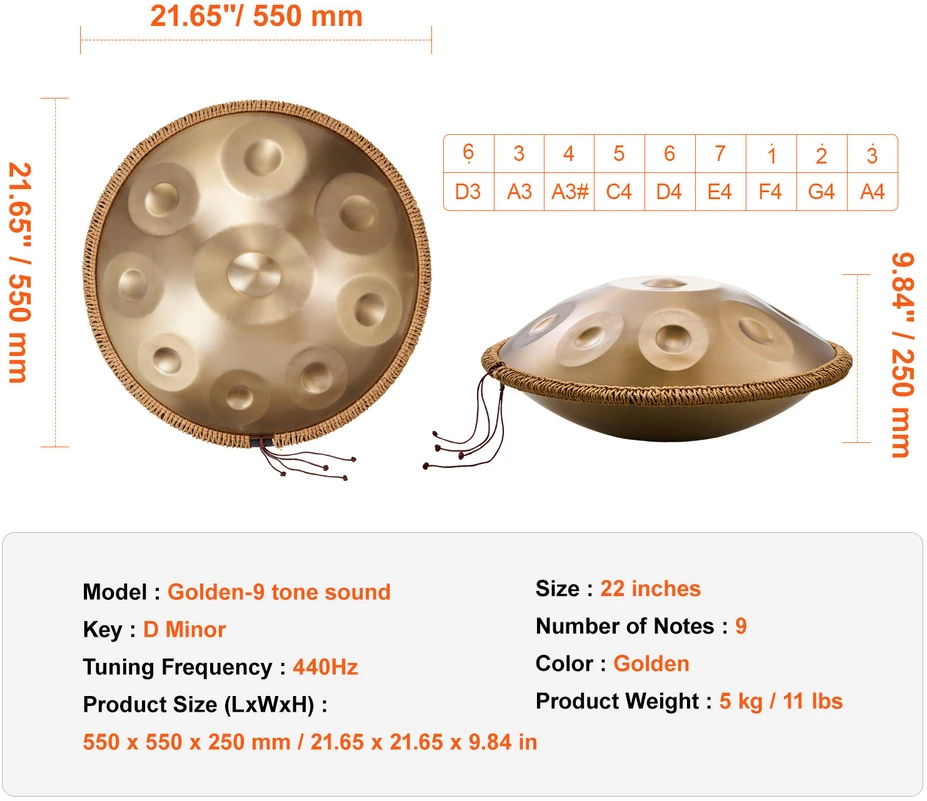 VEVOR 22 cm 9 natų plieno būgnelis su lazdeliu