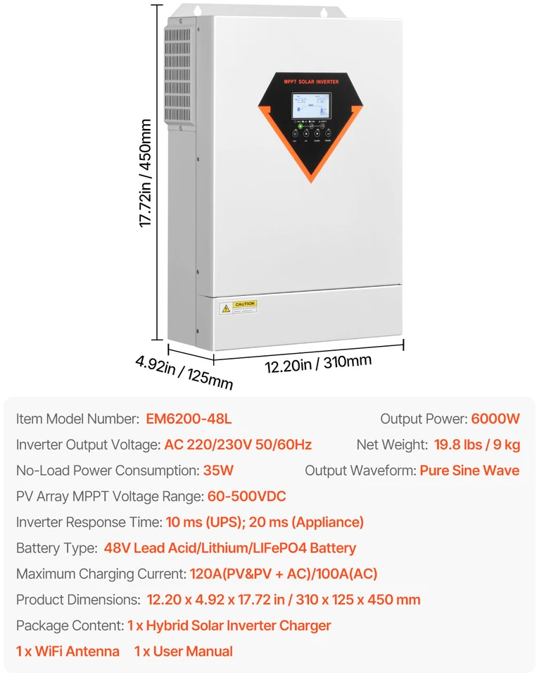 VEVOR Hibridinis saulės inverteris su įkrovikliu 6000W