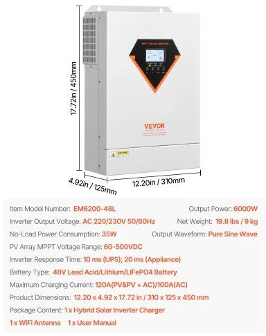 VEVOR Hibridinis saulės inverteris su įkrovikliu 6000W