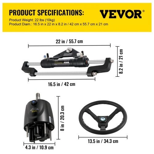 VEVOR Hidraulinis valties vairo komplektas iki 300 AG, aliuminio lydinio cilindras, 3 metrų žarna, valties vairavimo sistema, laivo vairo mechanizmas, katerio vairavimas