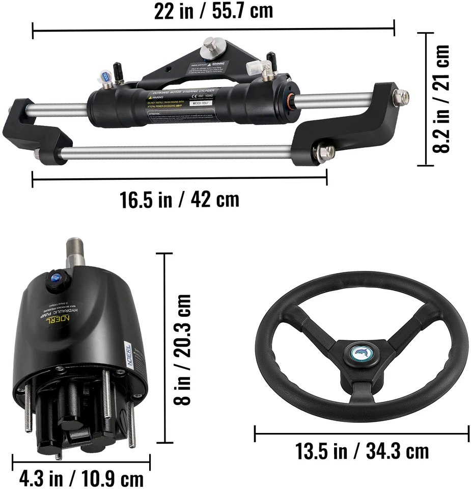 VEVOR 300 AG hidraulinis vairavimo komplektas valčiai – aliuminio cilindras, 34 cm vairas, 3 m žarna su ORB jungtimis