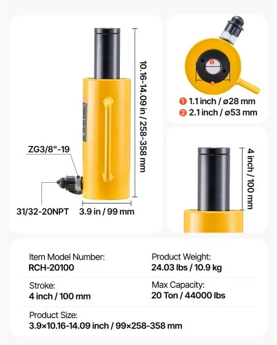 VEVOR 20T 100mm tuščiaviduris hidraulinis domkratas