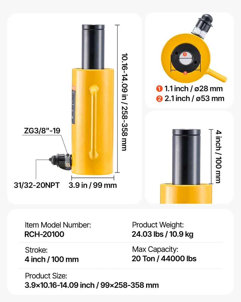 VEVOR 20T 100mm tuščiaviduris hidraulinis domkratas