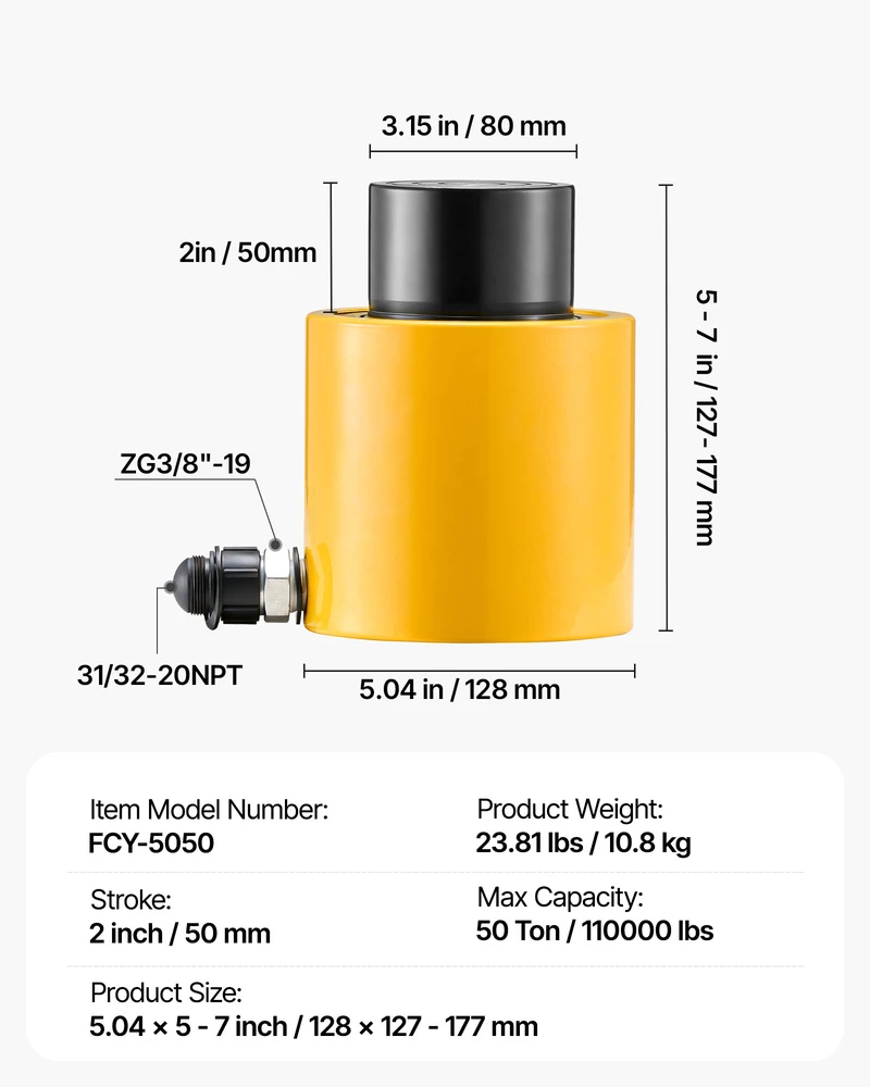 VEVOR 50 tonų hidraulinis cilindras su 50 mm eiga