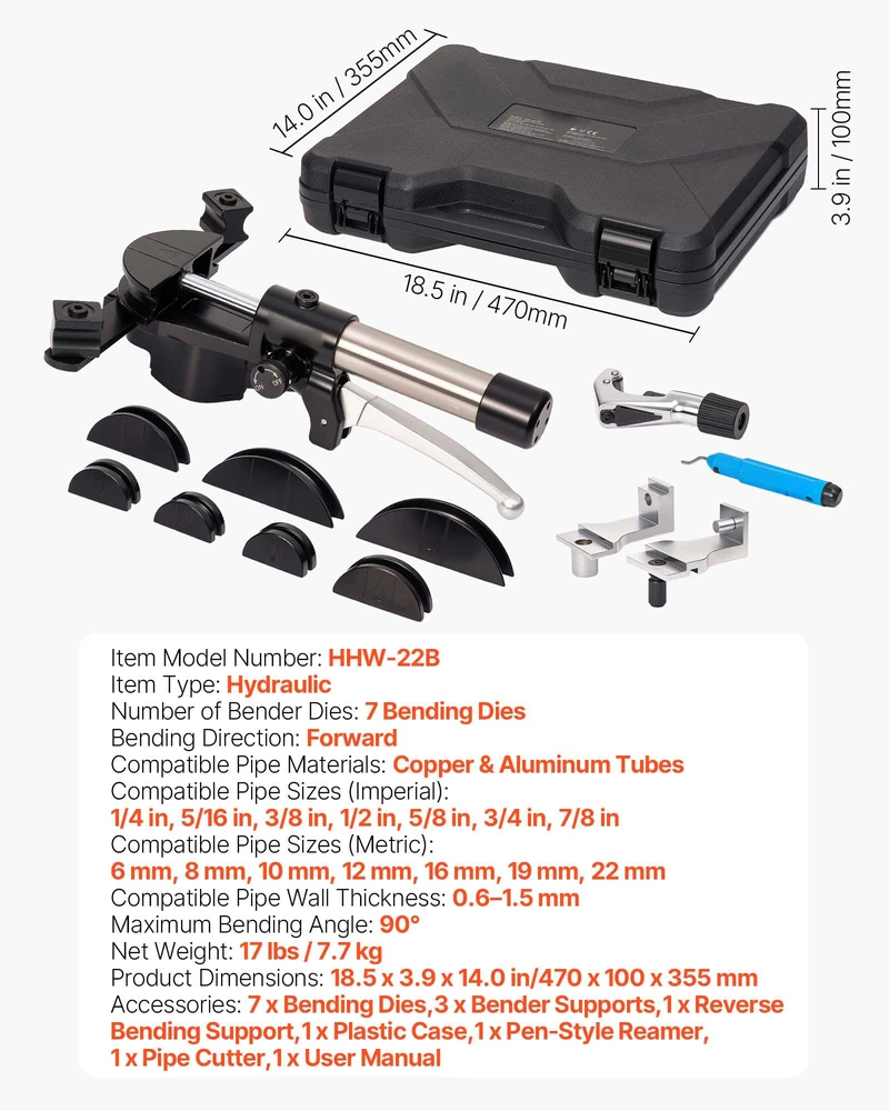 VEVOR Hidraulinis vamzdžių lenkimo komplektas, 6 mm–22 mm