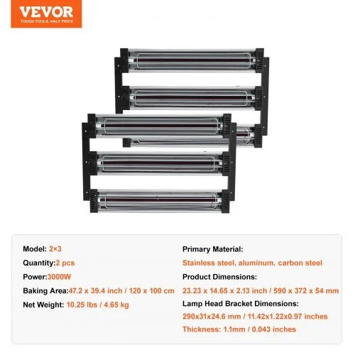 VEVOR Infraraudonųjų spindulių šildytuvas dažymo kabinoms, 2 komplektai, 3000W