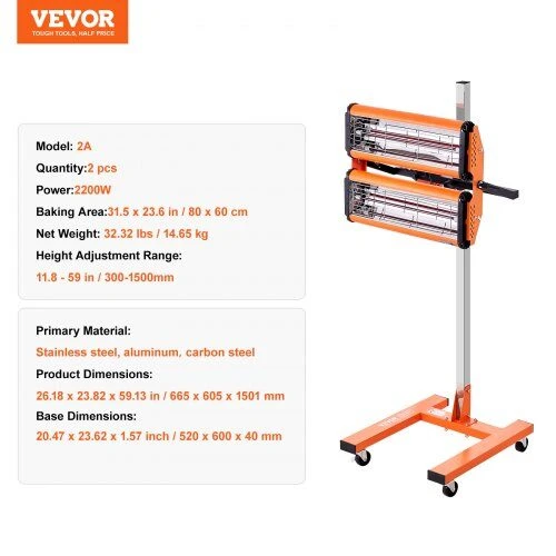 VEVOR 2200W infraraudonųjų spindulių lempa dažų džiovinimui