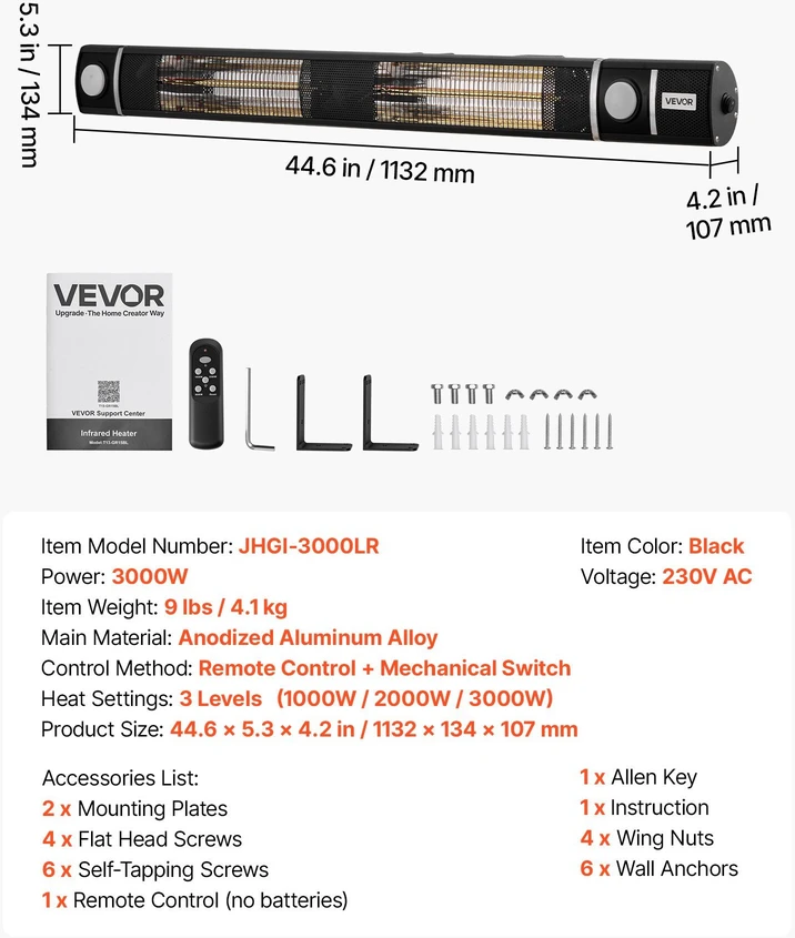 VEVOR Infraraudonųjų spindulių šildytuvas 3000W su WiFi