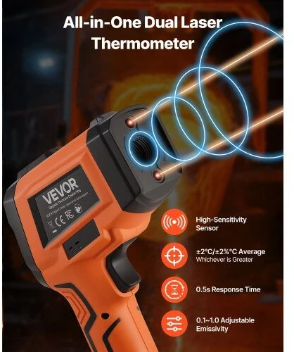 Infraraudonųjų spindulių termometras (pirometras) VEVOR GT1200, -30°C iki 1200°C