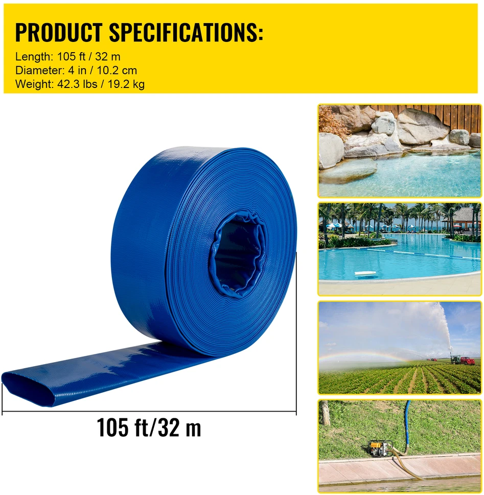 VEVOR Išleidimo žarna PVC, 4" x 32 m, mėlyna