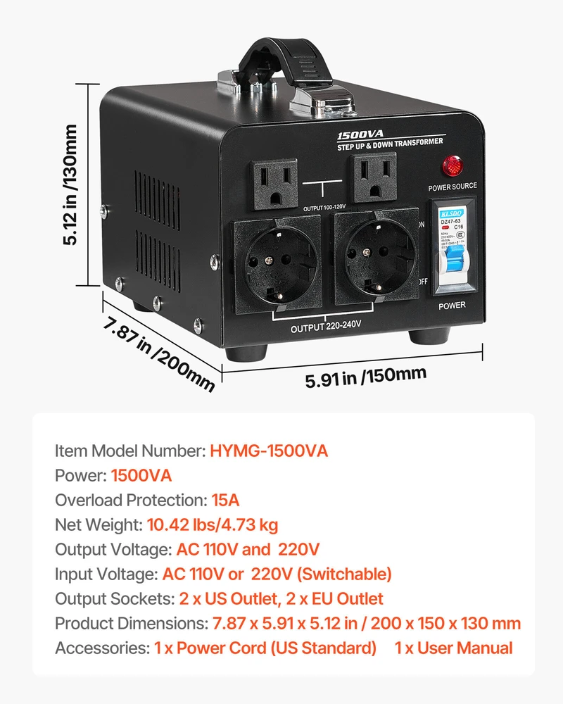 VEVOR Įtampos keitiklis transformatorius 1500VA