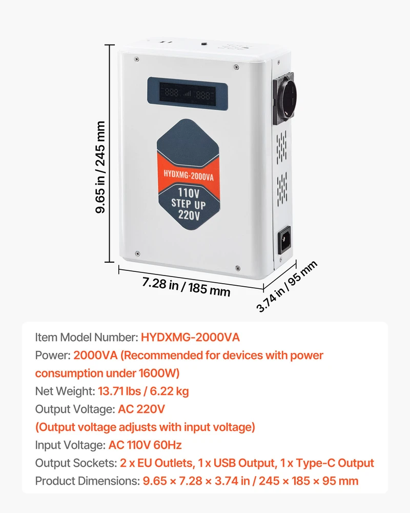 VEVOR Įtampos keitiklis 2000VA, 110V į 220V