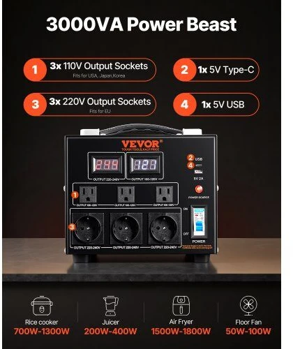 VEVOR 3000VA įtampos keitiklis 220V-110V