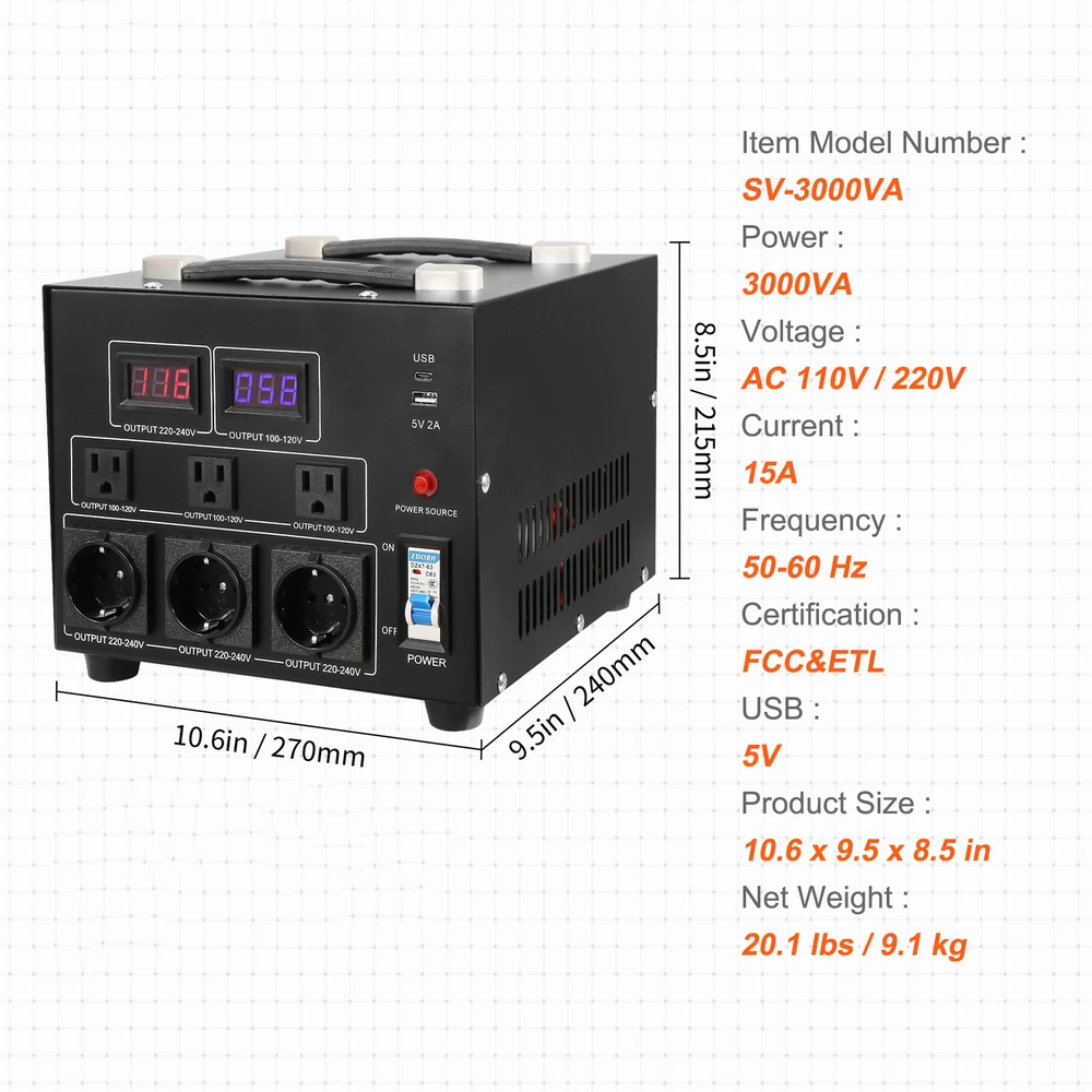 VEVOR 3000VA įtampos keitiklis 220V-110V