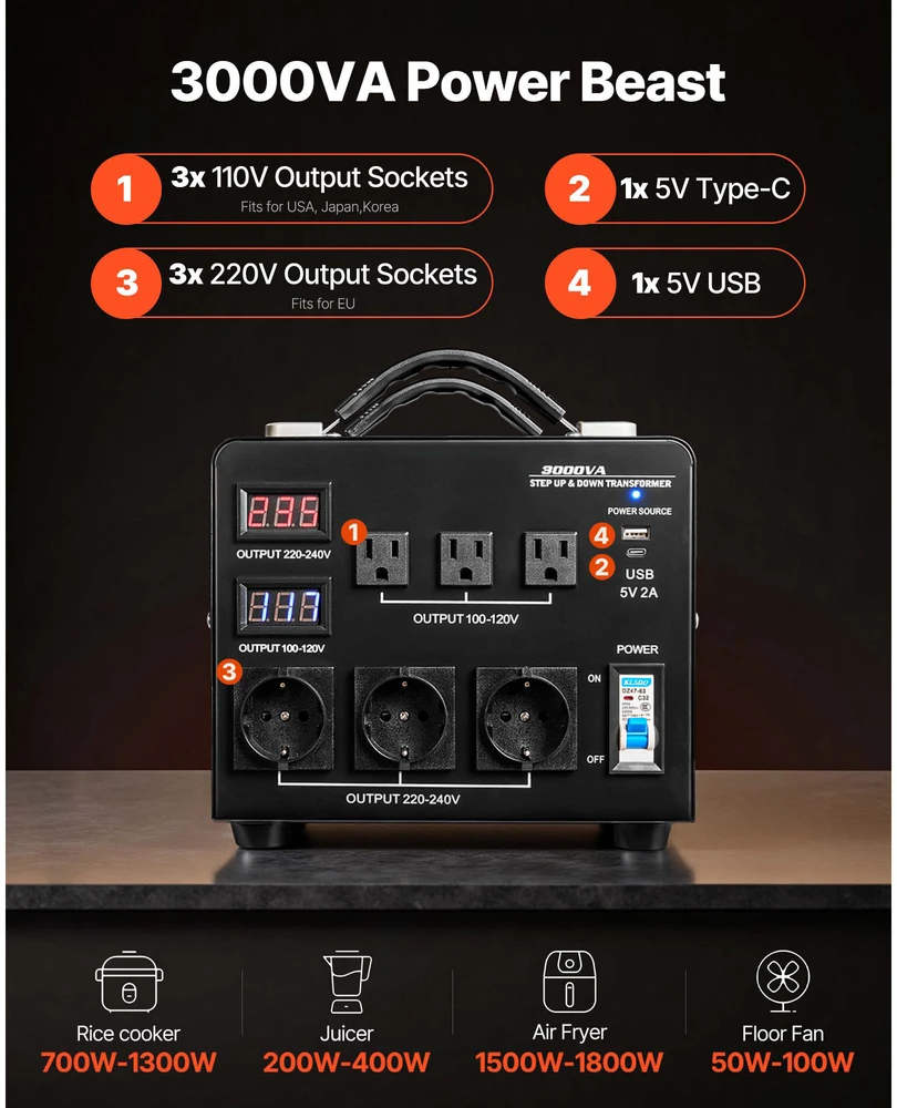 VEVOR 3000VA automatinis transformatorius su LCD ekranu