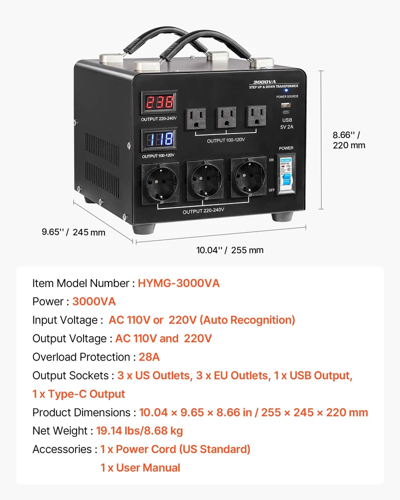VEVOR 3000VA automatinis transformatorius su LCD ekranu