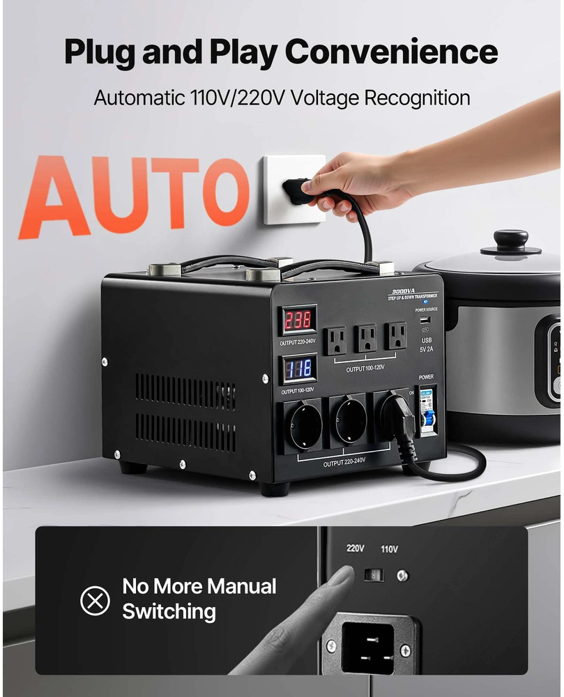 VEVOR 3000VA automatinis transformatorius su LCD ekranu