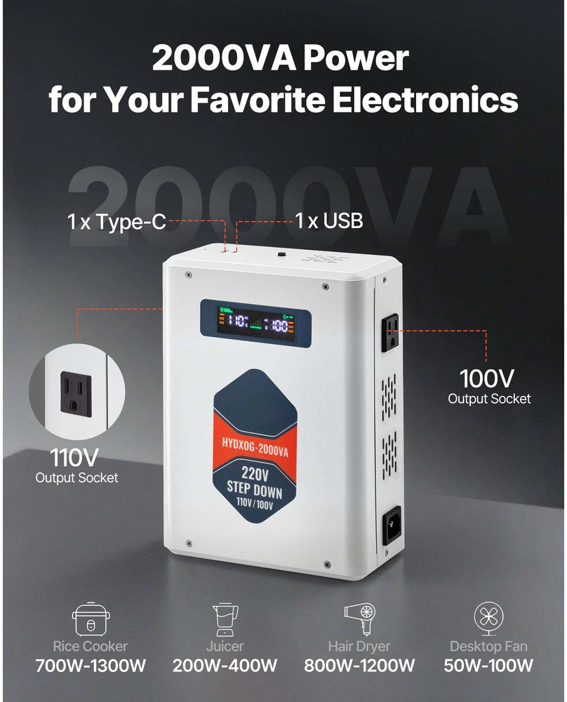 VEVOR Įtampos keitiklis 2000VA, 220V į 110V transformatorius