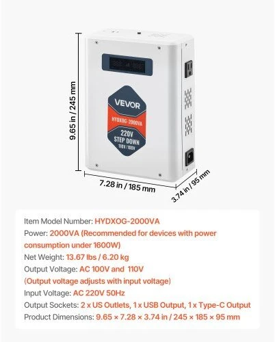 VEVOR Įtampos keitiklis 2000VA, 220V į 110V transformatorius