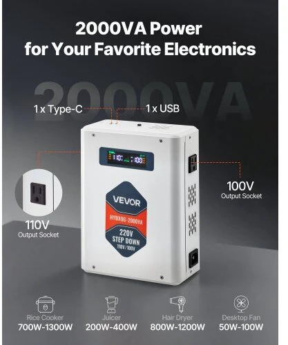 VEVOR Įtampos keitiklis 2000VA, 220V į 110V transformatorius