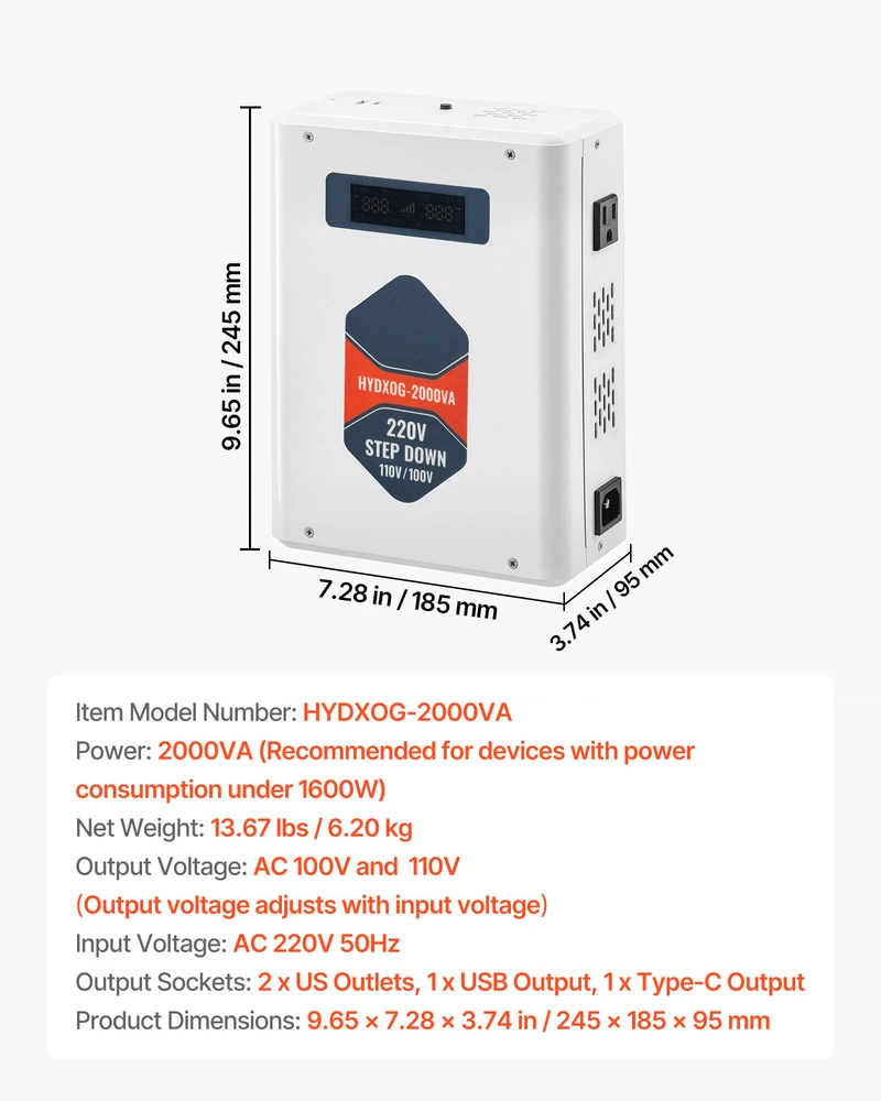 VEVOR Įtampos keitiklis 2000VA, 220V į 110V transformatorius
