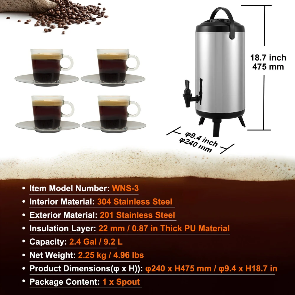 VEVOR Nerūdijančio plieno gėrimų dozatorius 9.2 l
