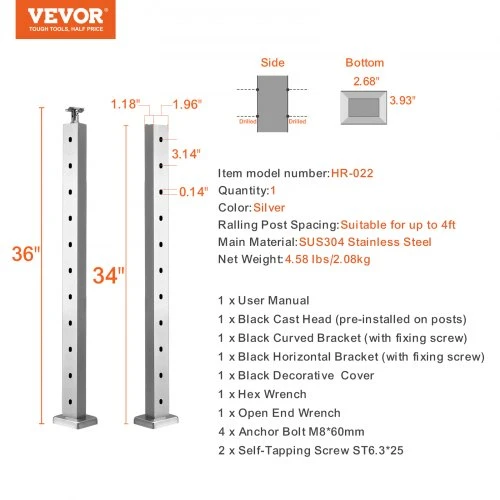 VEVOR nerūdijančio plieno turėklo stulpelis 91 cm