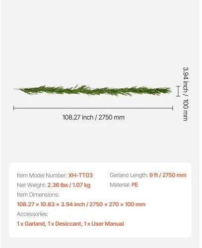 VEVOR Kalėdų girlianda, 2750 mm realistinė pušies girlianda
