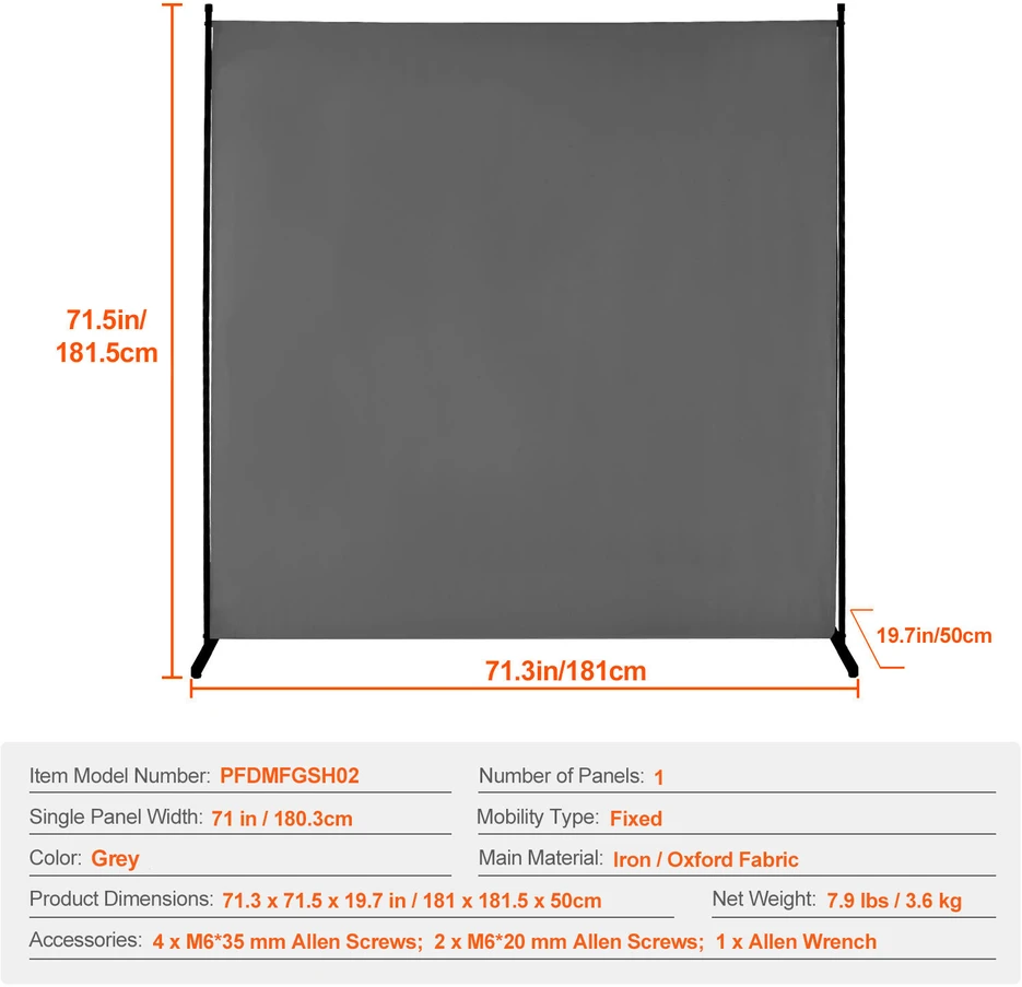 VEVOR 180 cm pilka vieno skydo kambario pertvara