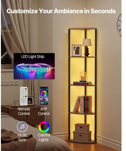 VEVOR Penkių aukštų kampinė lentyna su LED apšvietimu