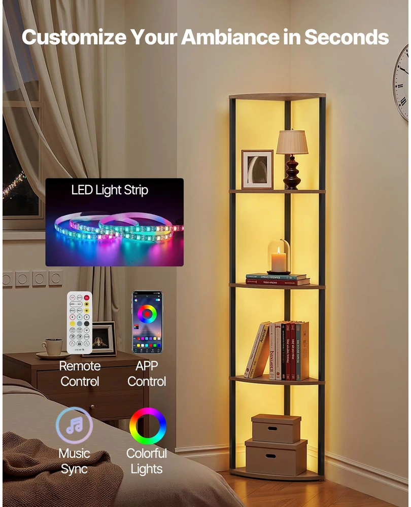 VEVOR Penkių aukštų kampinė lentyna su LED apšvietimu
