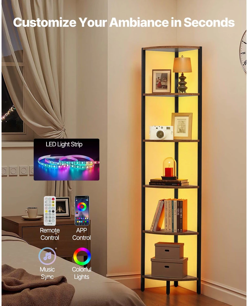 VEVOR 6 pakopų kampinė lentyna su LED apšvietimu