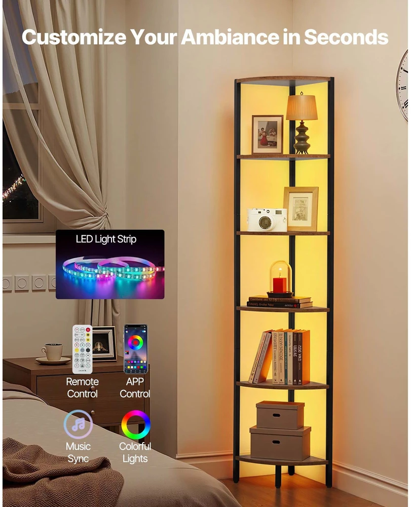 VEVOR 6 pakopų kampinė lentyna su LED apšvietimu