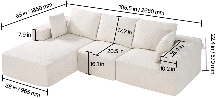 VEVOR Modulinis kampinis sofa su gultu ir pagalve smėlio spalvos