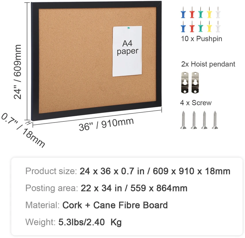 VEVOR Kamštinė lenta 60x90 cm su segtukų rėmu