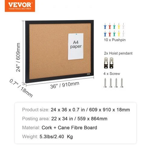 VEVOR Kamštinė lenta 60x90 cm su segtukų rėmu