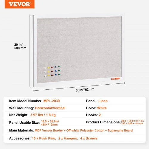 VEVOR 30x20 cm balta kamštiena su lino paviršiumi
