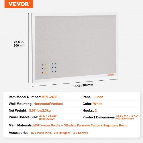 VEVOR 90x60 cm sieninis skelbimų lenta su lininio paviršiumi