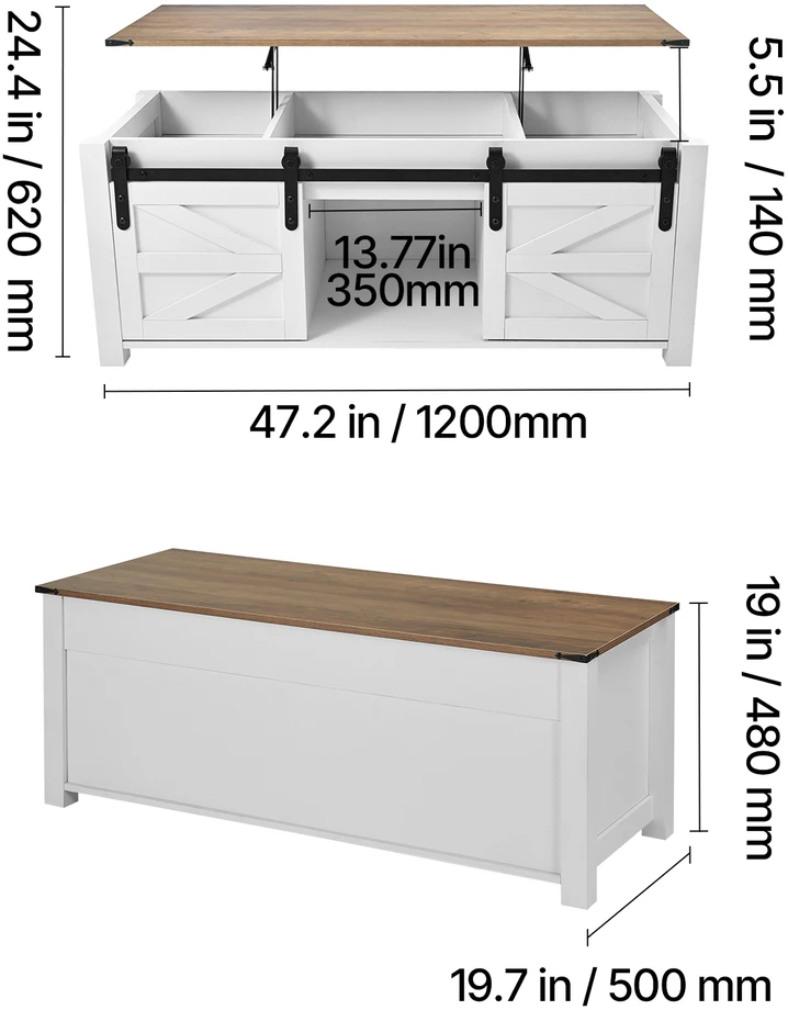 VEVOR 120 cm kaimo stiliaus kavos staliukas su pakeliamu stalviršiu