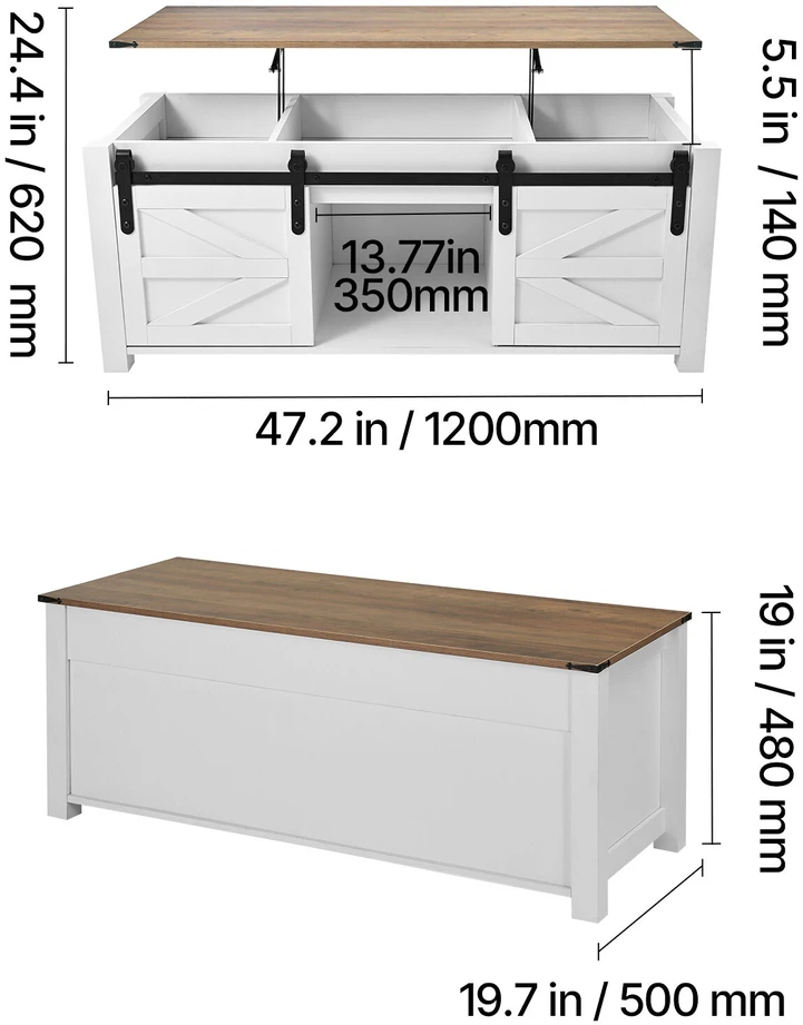 VEVOR 120 cm kaimo stiliaus kavos staliukas su pakeliamu stalviršiu