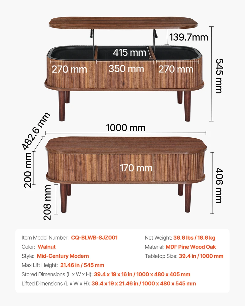 VEVOR 100 cm pakeliamas ovalus kavos stalas su saugykla