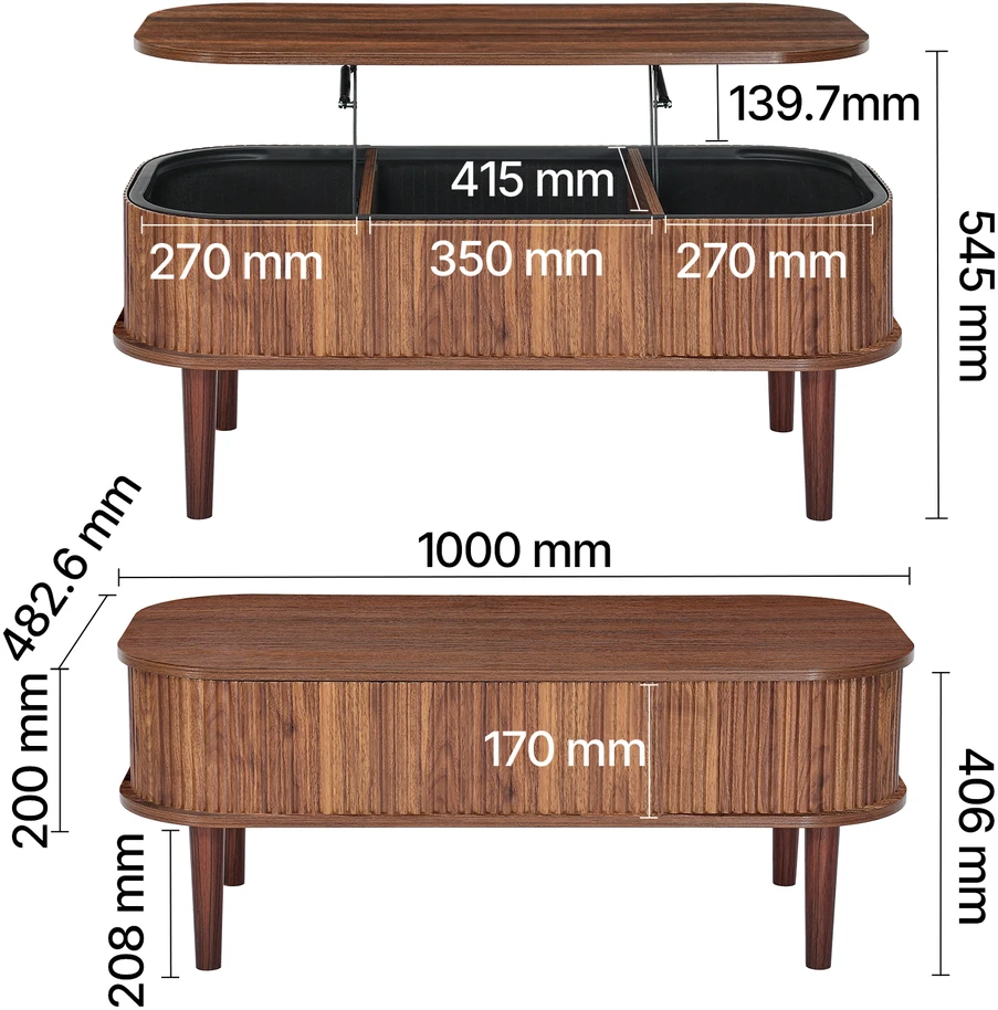 VEVOR 100 cm pakeliamas ovalus kavos stalas su saugykla