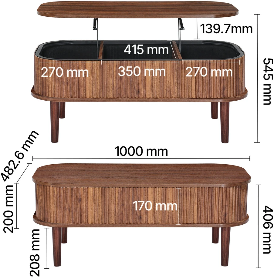 VEVOR 100 cm pakeliamas ovalus kavos stalas su saugykla