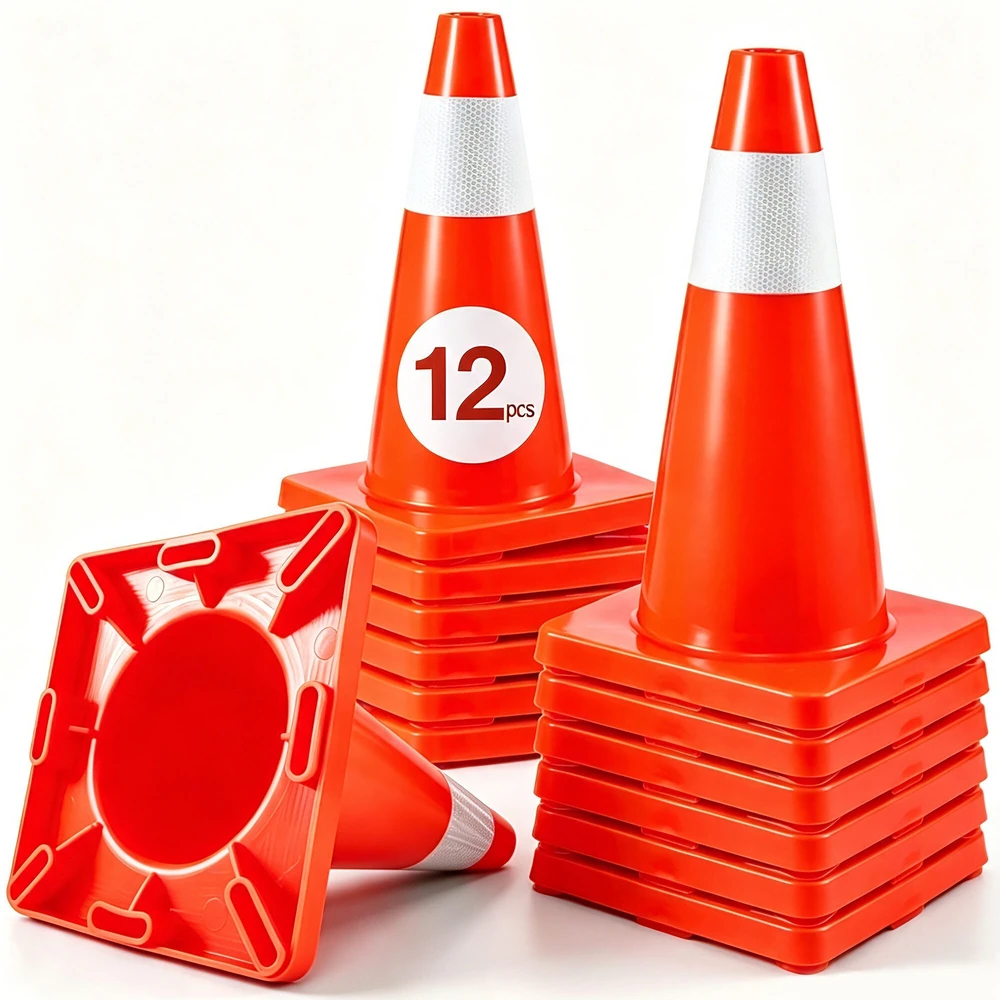VEVOR Eismo saugumo kūgiai 45,7 cm, PVC pagrindas, oranžiniai atšvaitiniai, 12 vnt. pavojaus kūgiai parkavimui