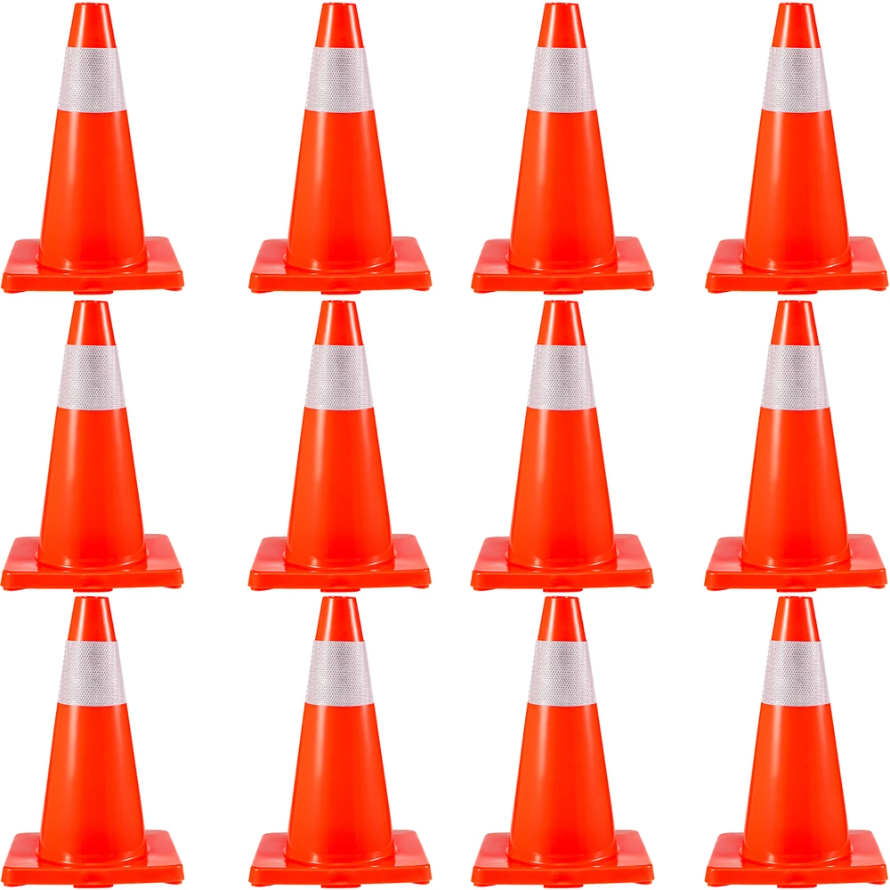 VEVOR Eismo saugumo kūgiai 45,7 cm, PVC pagrindas, oranžiniai atšvaitiniai, 12 vnt. pavojaus kūgiai parkavimui