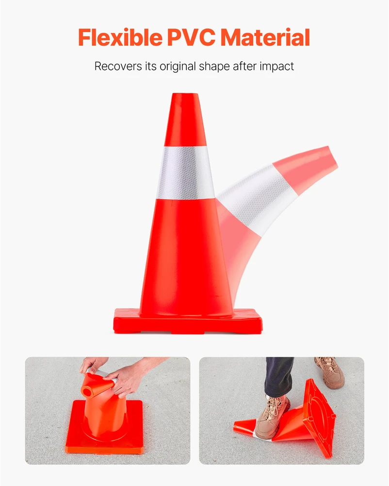 VEVOR Eismo saugumo kūgiai 45,7 cm, PVC pagrindas, oranžiniai atšvaitiniai, 12 vnt. pavojaus kūgiai parkavimui