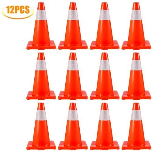VEVOR Eismo saugumo kūgiai 45,7 cm, PVC pagrindas, oranžiniai atšvaitiniai, 12 vnt. pavojaus kūgiai parkavimui