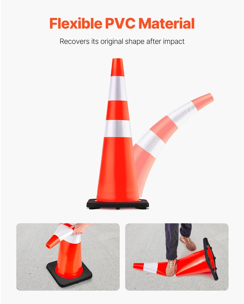 VEVOR Eismo kūgiai 6 vnt., 92 cm, PVC oranžiniai saugos kūgiai su juodu pagrindu, kelio kūgiai, statybų aikštelės kūgiai, automobilių stovėjimo aikštelės kūgiai