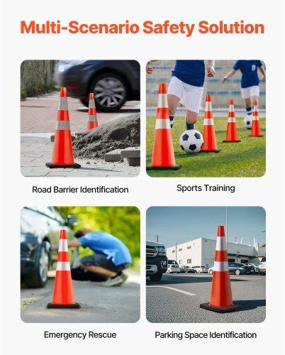 VEVOR Eismo kūgiai 6 vnt., 92 cm, PVC oranžiniai saugos kūgiai su juodu pagrindu, kelio kūgiai, statybų aikštelės kūgiai, automobilių stovėjimo aikštelės kūgiai