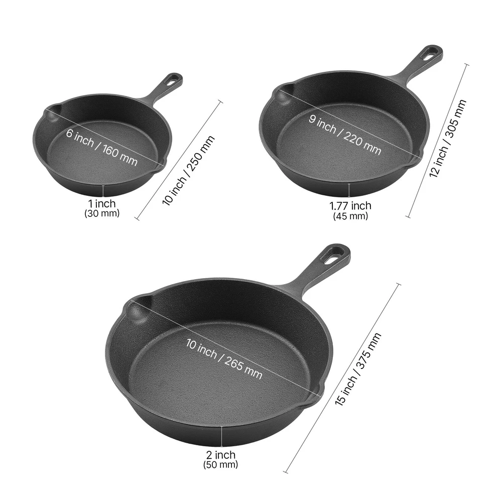 VEVOR 3 dalių ketaus keptuvių rinkinys 160 220 265 mm